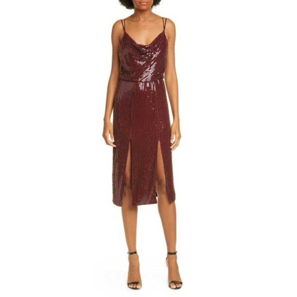 HANEY‎ Deep Red Burgundy Elise Beaded Sequin Midi Dress Cocktail 0 Heavy Glam